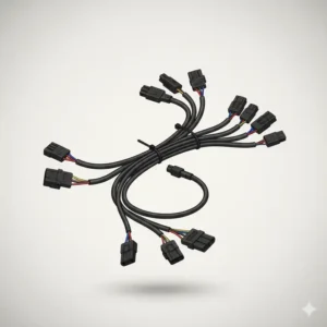 Neatly arranged e-bike wiring and cable connectors, illustrating how different e bicycle parts such as the motor, battery, and controller are connected.