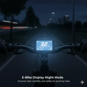 E-bike display illuminated with backlighting in a dark setting, demonstrating its night mode for clear visibility during evening rides.