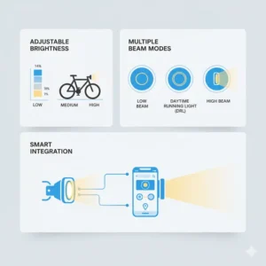 "Diagram showing the internal components of a custom e-bike headlight, including LED array, reflector, lens, and housing, illustrating advanced engineering and design."