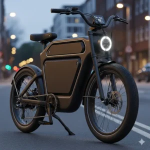 A commuter electric bike with a minimalist frame and integrated battery, offering the practical feel of a small urban motorcycle. 