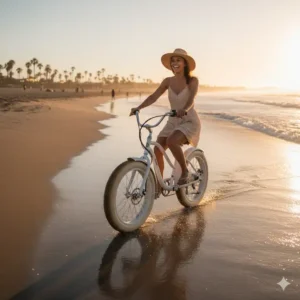 A person riding an electric beach cruiser on the sand near the water's edge, showcasing its ability to handle beach environments.