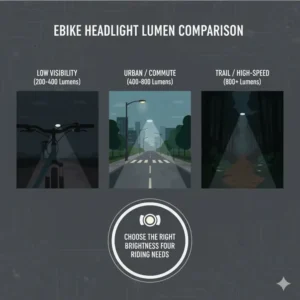 Chart or graphic comparing different lumen outputs of electric bicycle headlights, helping riders understand brightness levels for various needs.