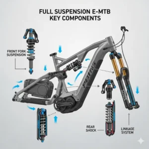 An infographic illustrating the key components of a full suspension electric mountain bike, including the frame, shocks, and linkage system.