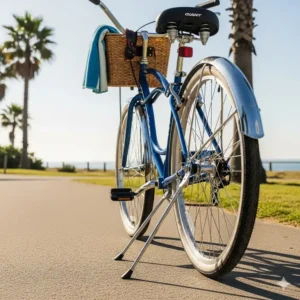 The sturdy double kickstand on a Giant cruiser bike, parked upright.