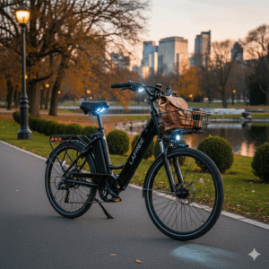 The bright, integrated LED headlight and taillight system of the Lafree electric bike, enhancing night visibility.