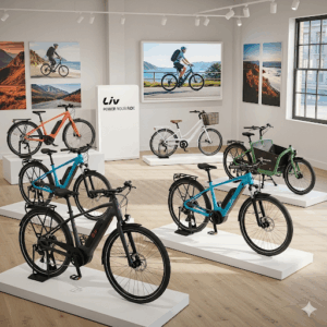 A vibrant display of various Liv ebike models in different colors and styles, showcasing the range of options available.