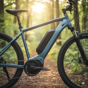  The integrated battery pack on a mid-drive electric bike, showing its sleek design and position on the down tube.