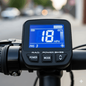 A close-up of the LED display console on a Rad electric bicycle's handlebars, showing the speed, battery life, and pedal-assist level. This image illustrates the user-friendly technology found in rad electric bicycles.