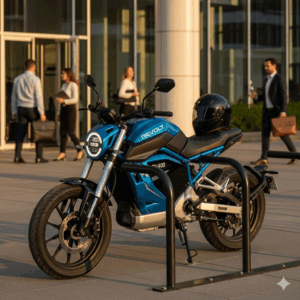  A Revolt electric cycle parked at a bike rack outside an office building, emphasizing its use for professional commutes