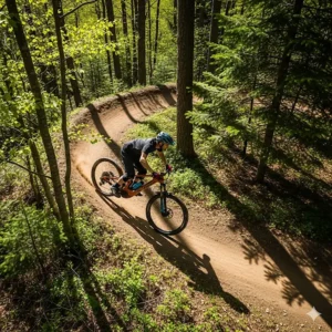 An overhead view of a rider enjoying a flowy single-track trail on their Santa Cruz e-mountain bike, highlighting the fun and agility of the ride.