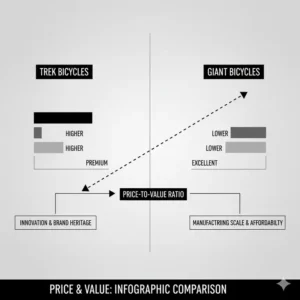 An infographic comparing the general price points and perceived value offerings of Trek and Giant bicycles across different categories. 