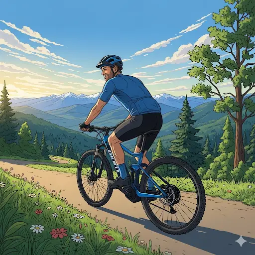 A man riding a Giant electric bike up a winding paved trail, enjoying the scenic view.
