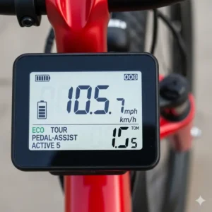 A family of three posing with their new red electric bicycles outside their home.