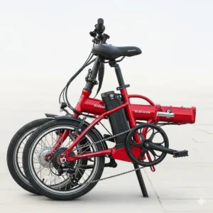 A compact, foldable red electric bicycle shown in its folded state, ready for storage or transport.
