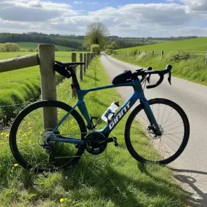  A sleek Giant electric road bike parked on the side of a country road, ready for a long ride. 