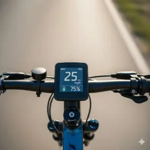 A rider's view of the handlebar-mounted display on a Giant electric bike, showing speed and battery life.