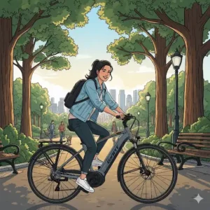 A woman commuting through a city park on a Giant electric bike, carrying a backpack.