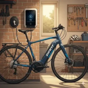 A Giant electric bike being charged at a home charging station.