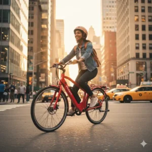 A close-up shot of a removable battery being charged on a bright red electric bicycle.