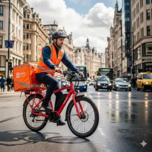 A delivery driver with a large cargo bag riding a sturdy, bright red electric bicycle on a busy urban street.