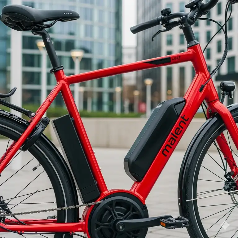 A woman in a helmet riding a sleek, modern red electric bicycle through a sunny city park with a bike path.