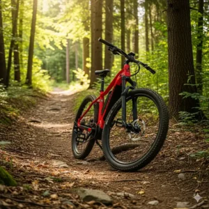 A powerful red electric bicycle with thick tires on a dirt path in a scenic mountain setting.