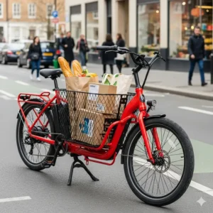 An elegant red electric bicycle with a comfortable seat and a basket, parked by a cafe.