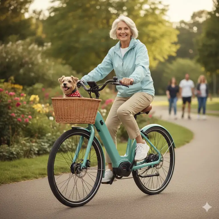 A senior woman smiling while riding one of the best e bikes for seniors with balance issues, a low-step model with a comfortable saddle.