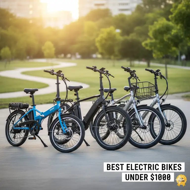 A collection of highly-rated best electric bikes under 1000 dollars parked side-by-side, showcasing a variety of styles like commuter and folding e-bikes.