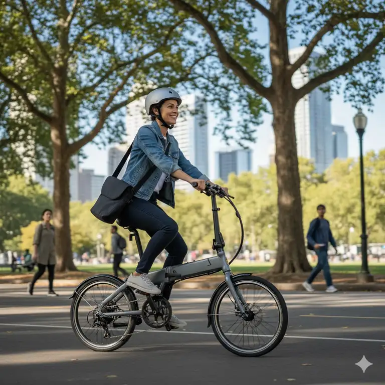 A professional rider navigating a park road on the best folding electric bike for city commuting, emphasizing efficiency and style.