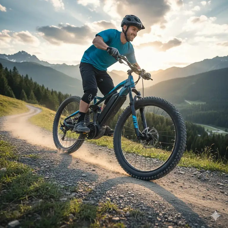 A dual motor electric bicycle easily climbs a steep hill, showcasing the powerful front and rear hub motors.