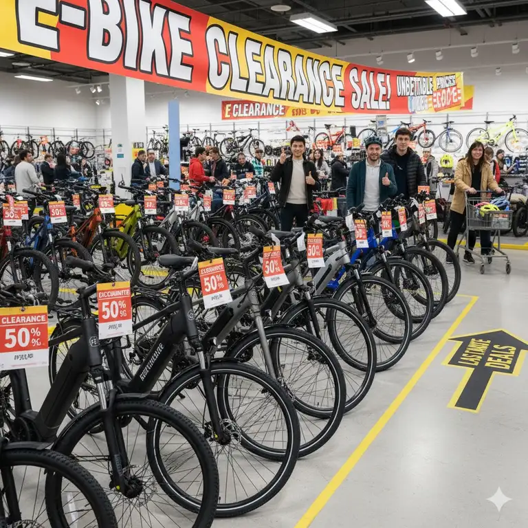 A striking photograph of various models of e bike clearance inventory prominently displayed, highlighting discounted prices and the sale event.
