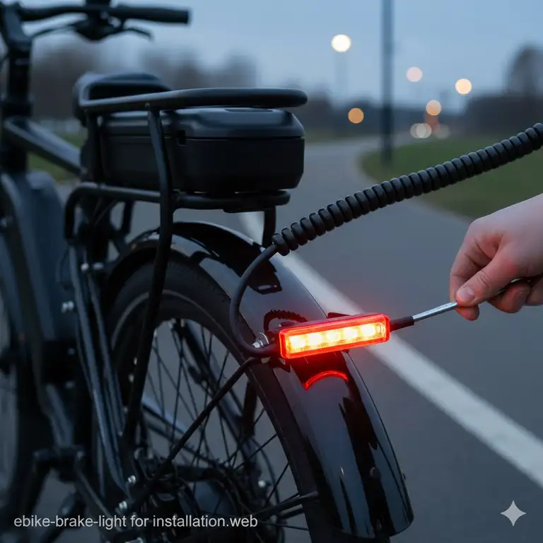 High-visibility brake light for electric bike installed on the rear fender, showcasing easy connection to the e-bike system for safety.