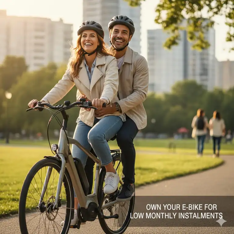 A couple smiling while riding their new e-bike, illustrating the affordability of paying through monthly instalment for ebike plans.