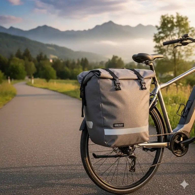 Side bag for ebike securely mounted on the rear rack, showing ample storage capacity and waterproof material.