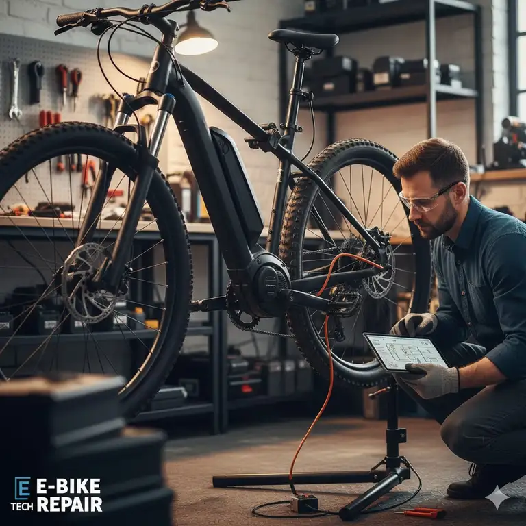 Electric bicycle repair technician diagnosing the battery and motor connections on an e-bike, essential for maintenance and fixing common issues.