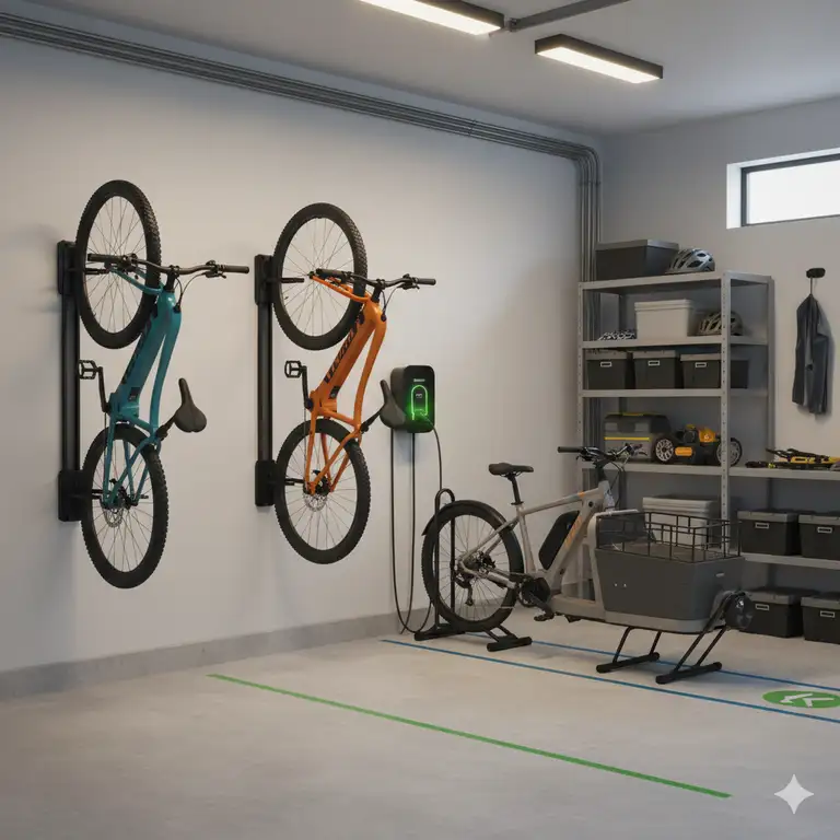 A tidy home garage setup showing several secure electric bike storage solutions, including wall racks and floor stands.