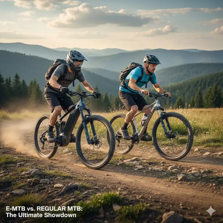 Electric mountain bike vs regular mountain bike comparison showing both bicycles on a challenging trail.