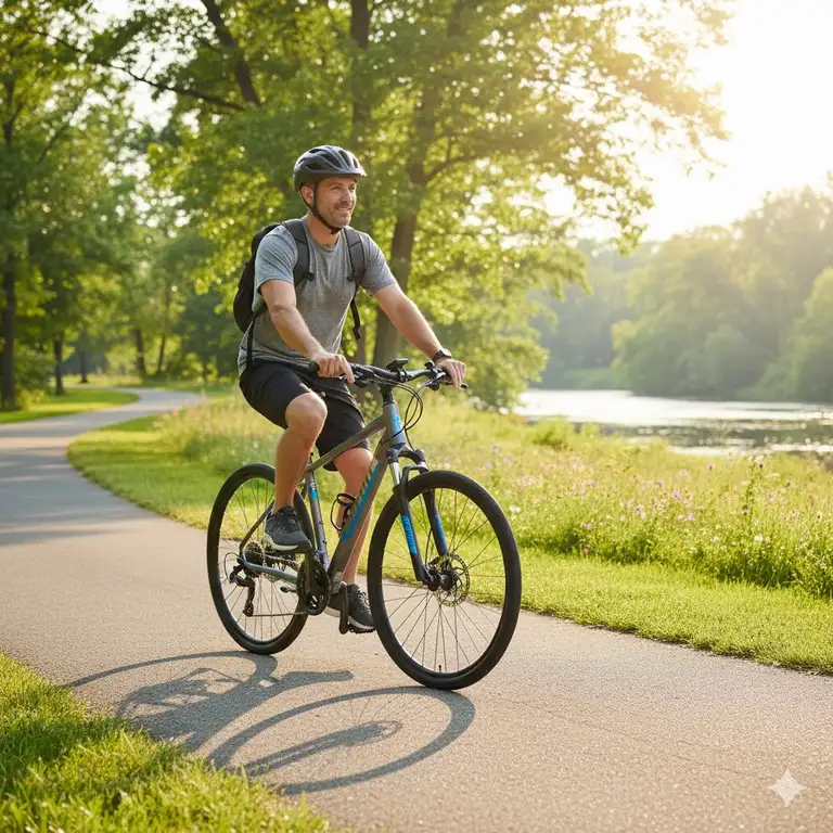 A rider cruising on a giant hybrid bike on a scenic paved trail, showcasing its versatile design for both road and light off-road use.