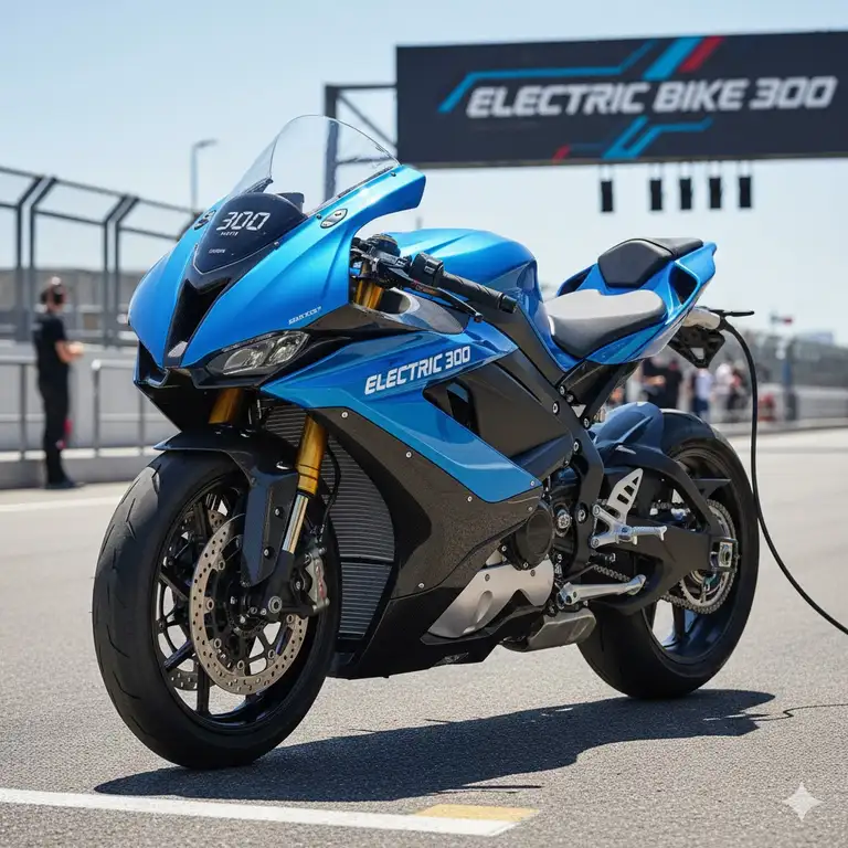 Powerful electric bike 300 with aerodynamic fairings, parked for a high-speed demonstration.