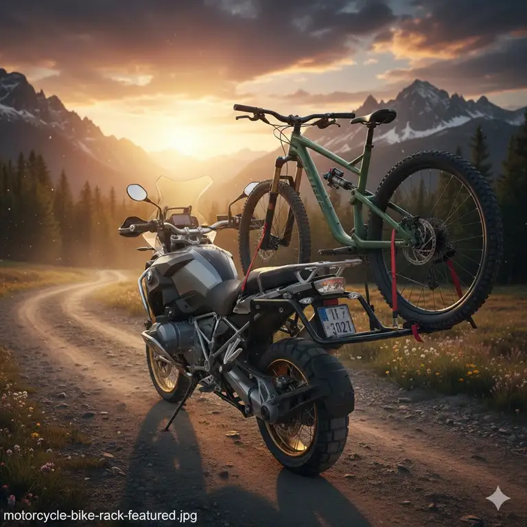 Bike rack for motorcycle attached to the rear, ready to carry a mountain bike for an adventure trip