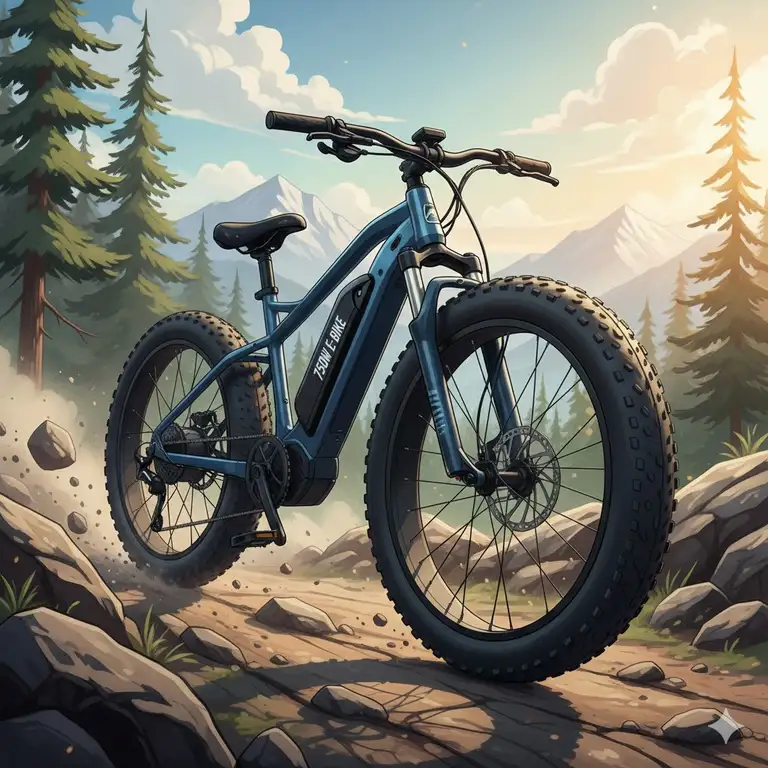 A powerful 750w e bike with fat tires conquering a rocky trail.e bike 750w