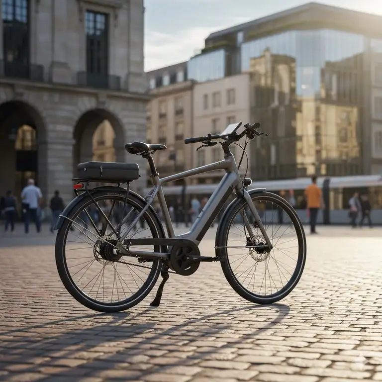 A sleek, modern best electric bikes for commuting 2025, parked in a sunny urban setting with buildings in the background.