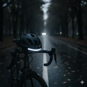 Close-up of a bike helmet with light (powerful front-facing light) illuminating the path ahead, designed for night cycling. 
