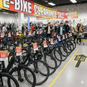 Shoppers checking out a high-quality clearance e bike marked with a significant discount, emphasizing the exceptional savings available.