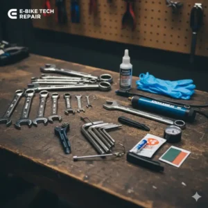 A basic toolkit containing wrenches and hex keys needed for routine electric bicycle repair at home. 