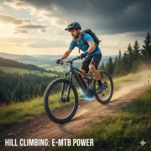 Rider easily climbing a steep incline on an electric mountain bike vs regular mountain bike scenario, highlighting pedal assist.