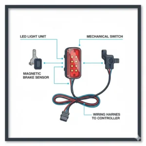 Diagram of brake light for electric bike components, including the sensor, LED unit, and wiring harness.