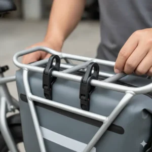 Close-up of the easy-to-use quick-release mounting hooks for attaching a side bag for ebike. 