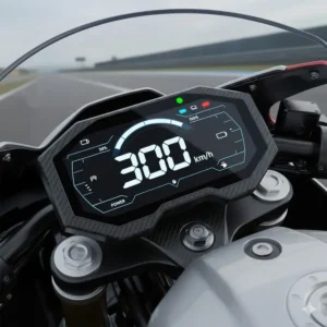 Close-up of the digital speedometer on an electric bike 300, showing a high speed reading.